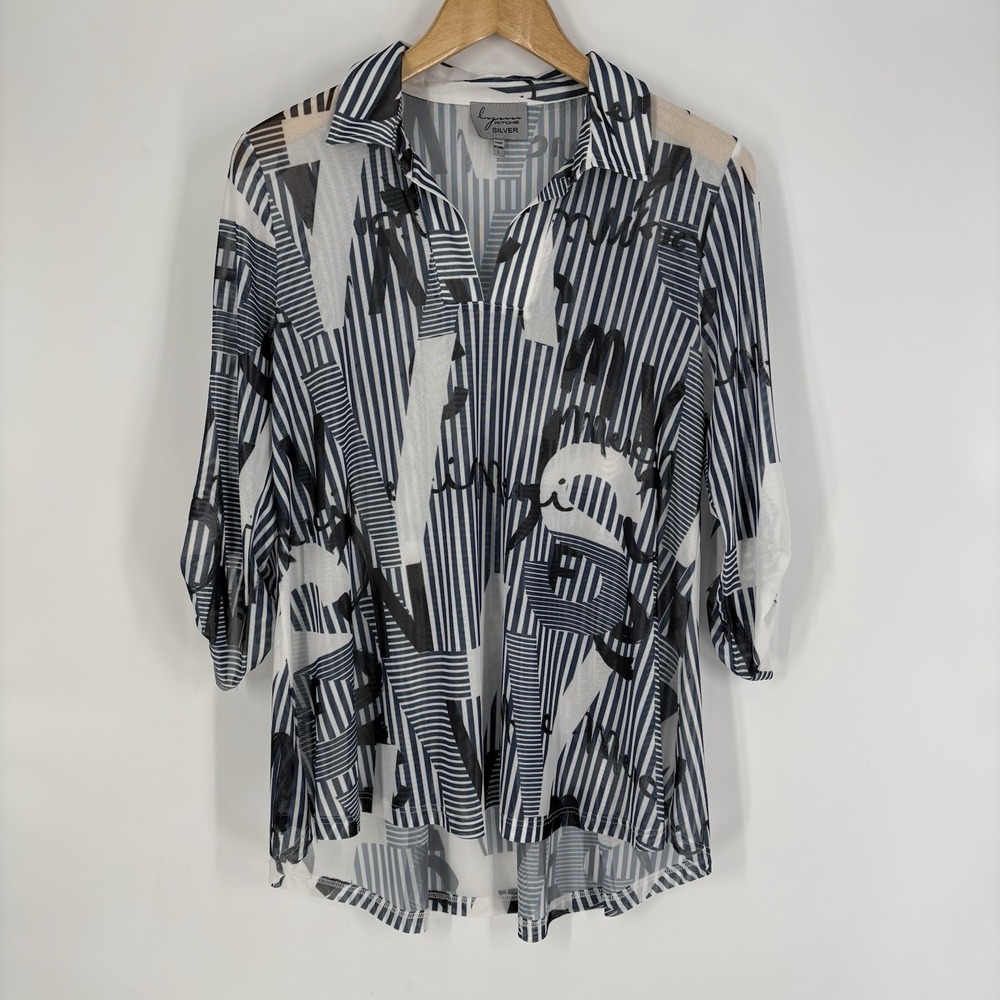 Lynn‎ Ritchie Silver Womens Mesh Pullover Top Size L Graphic Print Stretch